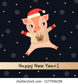 vector greeting card Happy new year !. Symbol 2019 Chinese year. A cartoon pig in a sweater is bouncing. Shadow background in polka dots.
