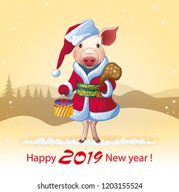 Vector greeting card happy new year 2019 with cute pig in Santa costume