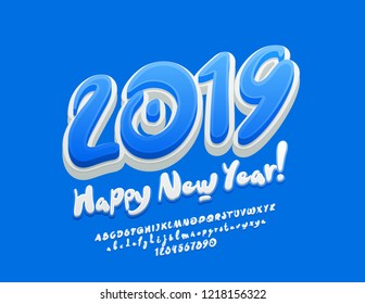 Vector Greeting Card Happy New Year 2019 for Children. Funny Bright Font. Rotated exclusive Alphabet Letters, Numbers and Symbols.