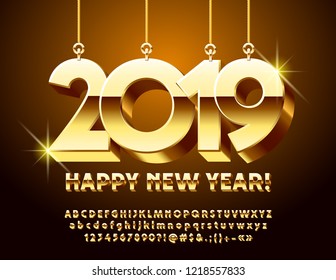 Vector Greeting Card for Happy New Year with Golden shine Toys 2019. Glossy Alphabet Letters, Numbers and Symbols. Unique 3D Font.