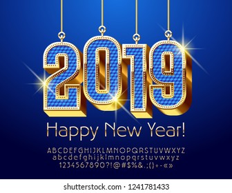 Vector Greeting Card for Happy New Year with Blue and Golden shine Toys 2019. Luxury chic Font.