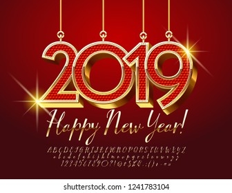 Vector Greeting Card for Happy New Year with Red and Golden shine Toys 2019. Golden stylish Font.