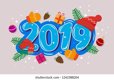 Vector greeting card Happy New Year 2019 with toys, gifts, tree branches, 
winter gloves, pine cones . Seasonal holidays. Eps 10
