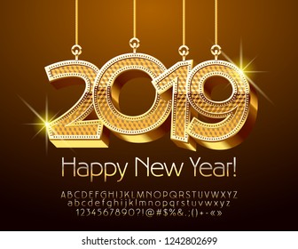 Vector Greeting Card for Happy New Year with Golden shine Toys 2019. Stylish thin Font.