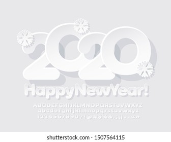Vector Greeting Card Happy New Year 2020 with snowflakes. Creative Alphabet Letters and  Numbers. White trendy Font