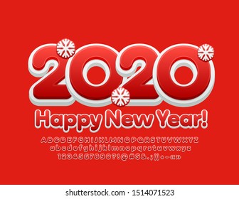 Vector greeting card Happy New Year 2020 with snowflakes. Red and White creative Font. Bright Alphabet Letters, Numbers and Symbols