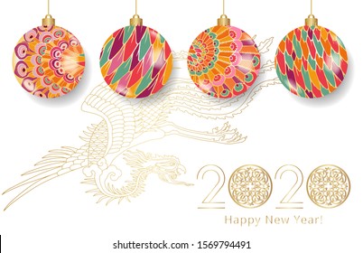 Vector greeting card Happy New Year 2020 with Christmas decoration and bird of paradise 