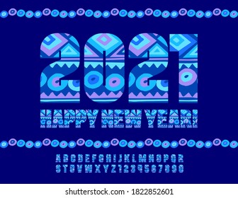 Vector greeting card Happy New Year 2021! Blue ornate Font. Creative pattern Alphabet Letters and Numbers set