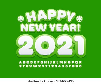 Vector greeting card Happy New Year 2021 with Snowflakes. Green and White stylish Font. Modern Alphabet Letters and Numbers set
