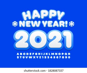 Tarjeta de saludo de vectores Feliz Año Nuevo 2021 con copos de nieve. Fuente moderna azul y blanco. Letras y números de alfabeto creativos