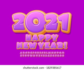 Vetor cartão de saudação Feliz Ano Novo 2021! Fonte vidrada violeta. Letras e Números do Alfabeto Donut Kids