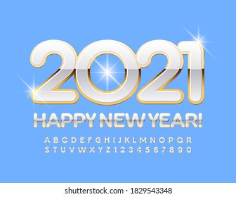 Tarjeta de saludo de vectores ¡Feliz Año Nuevo 2021! Fuente Gold y White Chic. Juego de letras y números de alfabeto de lujo