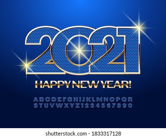 Tarjeta de saludo de vectores ¡Feliz Año Nuevo 2021! Fuente elegante azul y dorada. Juego de letras y números de alfabeto de lujo