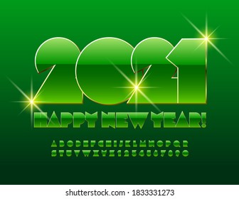 Vector greeting card Happy New Year 2021! Glossy Green and Gold Font. Modern Abstract style Alphabet Letters and Numbers set