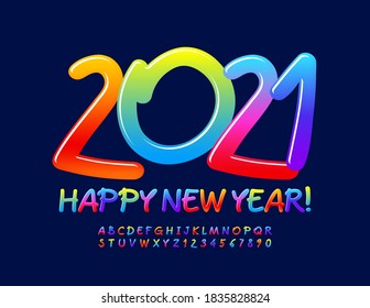 Vector greeting card Happy New Year 2021! Creative Colorful Font. Sweet decorative Alphabet Letters and Numbers set