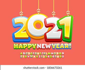 Vector Greeting Card Happy New Year 2021 With Decorative Toys. Bright Kids Font. Funny Colorful Alphabet Letters And Numbers Set