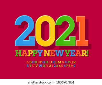 Vector greeting card Happy New Year 2021! Colorful modern Font. Bright creative Alphabet Letters and Numbers set