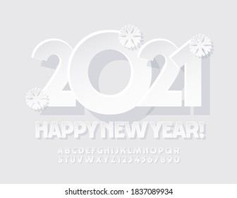 Vector greeting card Happy New Year 2021 with Snowflakes. White simple Font. Modern Alphabet Letters and Numbers set