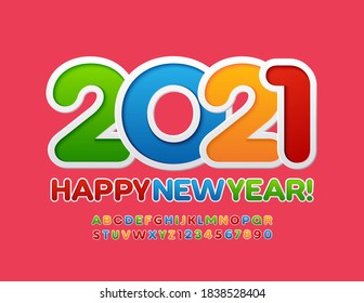 Vector greeting card Happy New Year 2021! Bright funny FOnt. Colorful Alphabet Letters and Numbers set for Kids