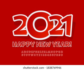 Vector greeting card Happy New Year 2021! Red and White creative Font. Sticker Alphabet Letters and Numbers set