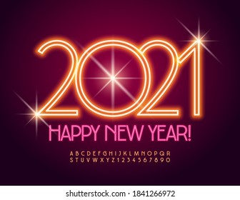 Vector greeting card Happy New Year 2021! Electric orange Font. Neon bright Alphabet Letters and Numbers set