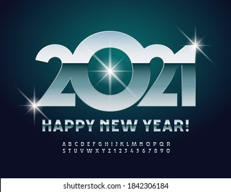 Vector greeting card Happy New Year 2021! Modern metallic Font. Glossy silver Alphabet Letters and Numbers set
