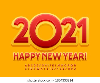Vector greeting card Happy New Year 2021! Elegant bright Font. Modern Red and Yellow Alphabet Letters and Numbers set