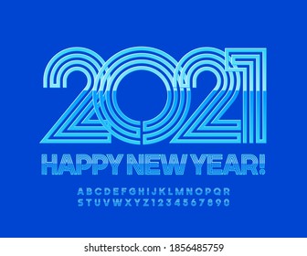 Vector greeting card Happy New Year 2021! Abstract style Font. Maze blue Alphabet Letters and Numbers set