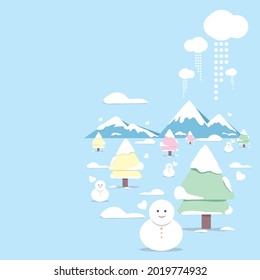 Tarjeta de felicitación vectorial, Año Nuevo feliz, diseño de tarjetas de Navidad. Árbol de nieve y abeto o árbol de Navidad, paisaje invernal, montañas, nieve del cielo, forma de corazón blanco. Sencillo y limpio.