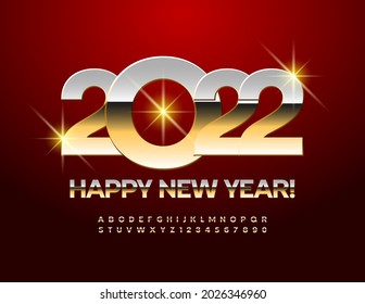 Vector greeting card Happy New Year 2022! Metallic Gold Font. Chic Alphabet Letters and Numbers set