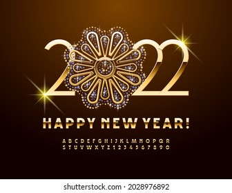 Vector Greeting Card Happy New Year 2022! With decorative brilliant jewels Flower. Gold Alphabet Letters and Numbers set. Shiny rich Font