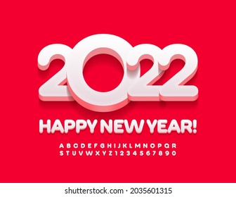 Vector Greeting Card Happy New Year 2022! White 3D Font. Artistic Alphabet Letters and Numbers set