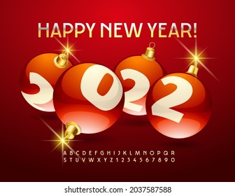 Vector Greeting Card Happy New Year 2022 with decorative Red Christmas Balls. Elegant metal Font. Gold Alphabet Letters and Numbers