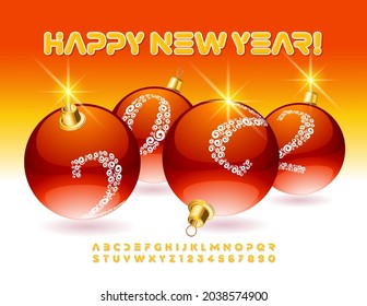Vector Greeting Card Happy New Year 2022 with Red Christmas Balls. Futuristic style Font. Set of modern Alphabet Letters and Numbers