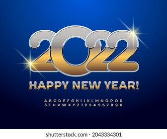 Vector Greeting Card Happy New Year 2022! Gold and Silver Alphabet Letters and Numbers set. Modern style Font