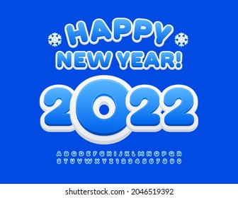 Tarjeta de felicitación vectorial ¡Feliz Año Nuevo 2022! Moderno juego de letras y números de alfabeto luminoso. Fuente azul y blanco para niños