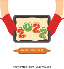 Vector Greeting Card Happy New Year 2022 with Christmas cookies on a baking sheet. Vector illustration.  For holiday cards, congratulations, print