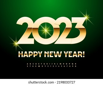 Vector greeting card Happy New Year 2023! Golden Font. Chic Metallic Alphabet Letters and Numbers set
