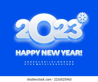 Vektor Grußkarte Frohes neues Jahr 2023 mit dekorativem Schneeflocken. Weißer leuchtender Schriftzug. Alphabet Letters & Numbers Set im modernen Stil