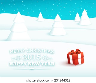 Vector greeting card for Happy New Year and Merry Christmas with winter landscape, gift box at white snow and typography text in left bottom corner of background.