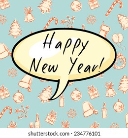 Vector Greeting Card. Happy New Year Bubble on Blue Pattern Background.