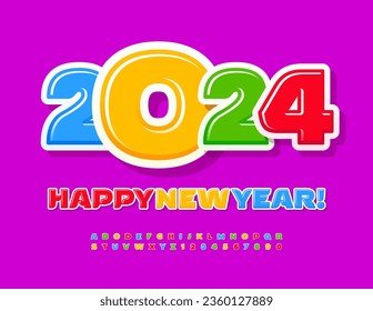 Vector Greeting Card Happy New Year 2024! Bright Glossy Font. Colorful Alphabet Letters, Numbers and Symbols for Children