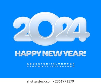 Vector Greeting Card Happy New Year 2024! Glossy white Font. Snow Alphabet Letters and Numbers set