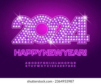 Vector Greeting Card Happy New Year 2024! Glowing Disco Font. Creative Neon Alphabet Letters and Numbers set