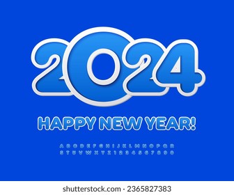 Vector  Greeting Card Happy New Year 2024! Cute Kids Font. Blue and White sticker Alphabet Letters and Numbers set. 