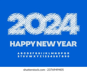 Vector Greeting Card Happy New Year 2024! White knitting Font. Decorative Alphabet Letters and Numbers set