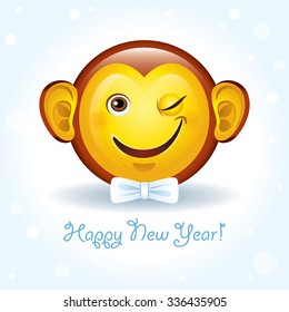 Vector greeting card Happy New Year with a smiling face-monkey
