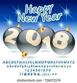 Vector greeting card Happy New Year 2018 with silver Christmas Balls. Set of Alphabet letters, symbols, numbers. Contains graphic style.