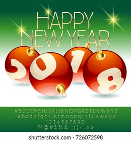 Vector greeting card Happy New Year 2018 with red Christmas Ball. Set of Alphabet letters, symbols, numbers. Contains graphic style.
