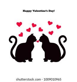 vector greeting card. Happy Valentine's day black silhouettes of cats and hearts on white background